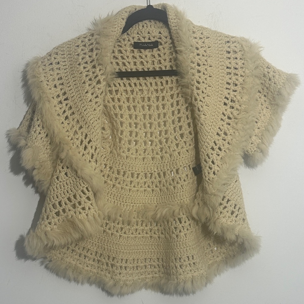 Michelle Nicole Beige Knit Shrug with Faux Fur Edging